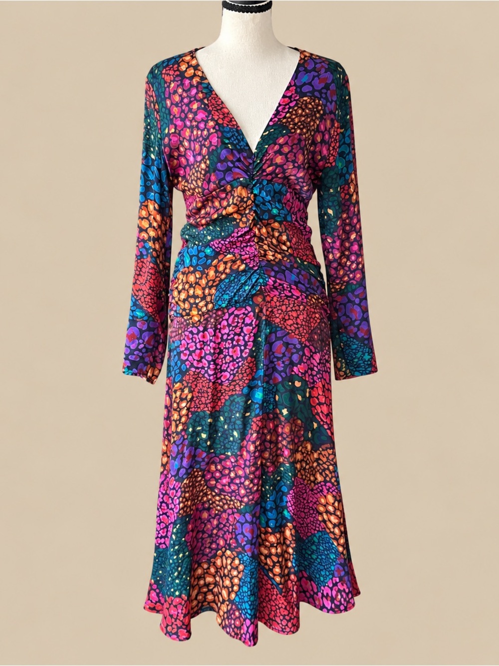 FARM Rio Rainbow Hearts Ruched Long Sleeve Midi Dress M